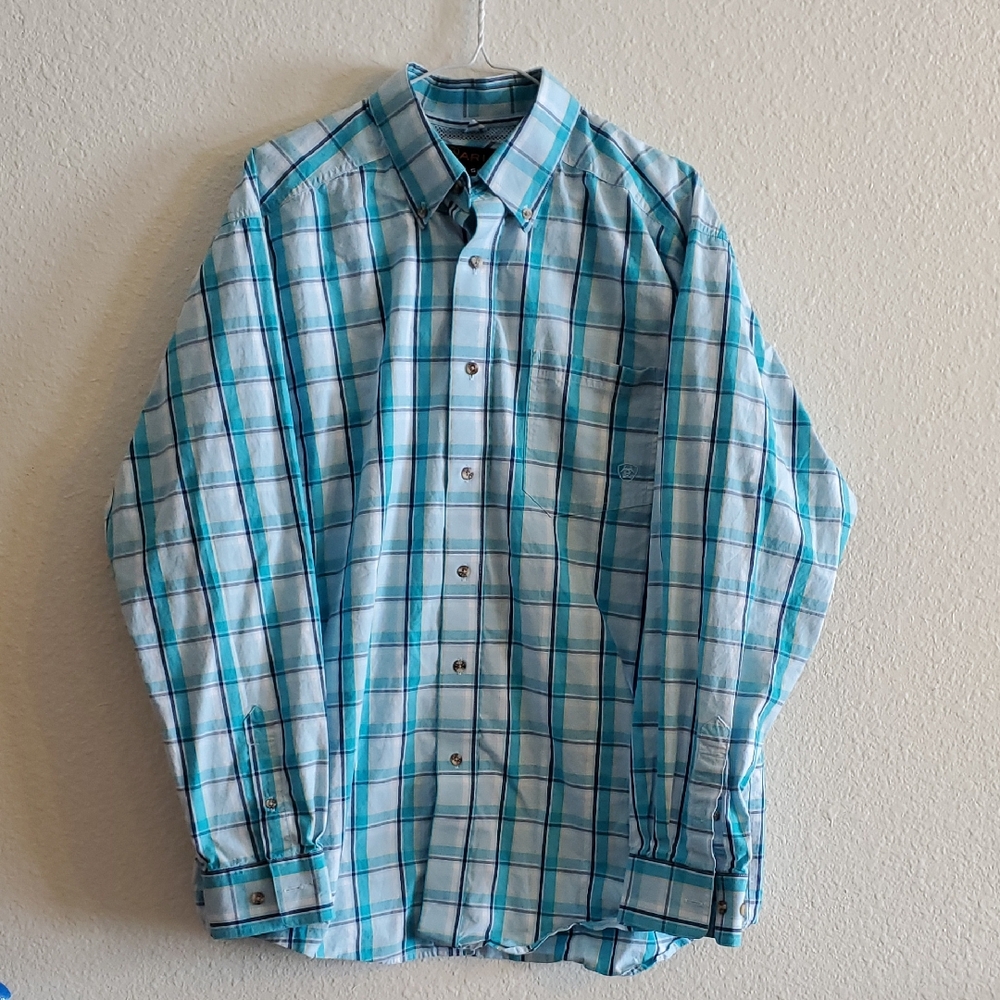 Men's Ariat Pro Series Blue Plaid Long Sleeve Button Shirt size Large